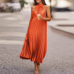 Ingvn - 2023 Fashion Women O Neck Long Dress Spring/Summer Casual Sleeveless Boho Pleated Dresses Lady Elegant Loose Beach Party Dresses
