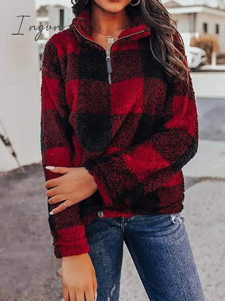 Ingvn - Women's Sweatshirt Pullover Fuzzy Teddy Quarter Zip Red Khaki Plaid Casual V Neck Long Sleeve Fleece Top Micro-elastic Fall & Winter