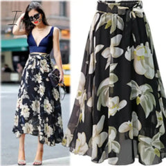 Ingvn - New Plus Size Women Chiffon Skirt Europe Fashion Bow Saia Midi Lining Jupe Femme Lace Up Falda Mujer Summer Print Floral Skirts