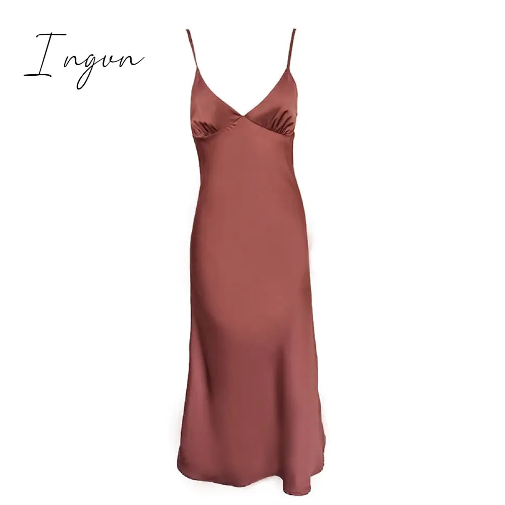 Ingvn - Women Satin Deep V Neck Sexy Dress Solid Straight Pajamas Party Dress Elegant Female Summer Spaghetti Strap Dress Casual
