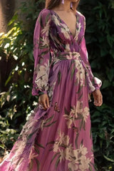 Ingvn - Casual Print Mesh V Neck Waist Skirt Dresses