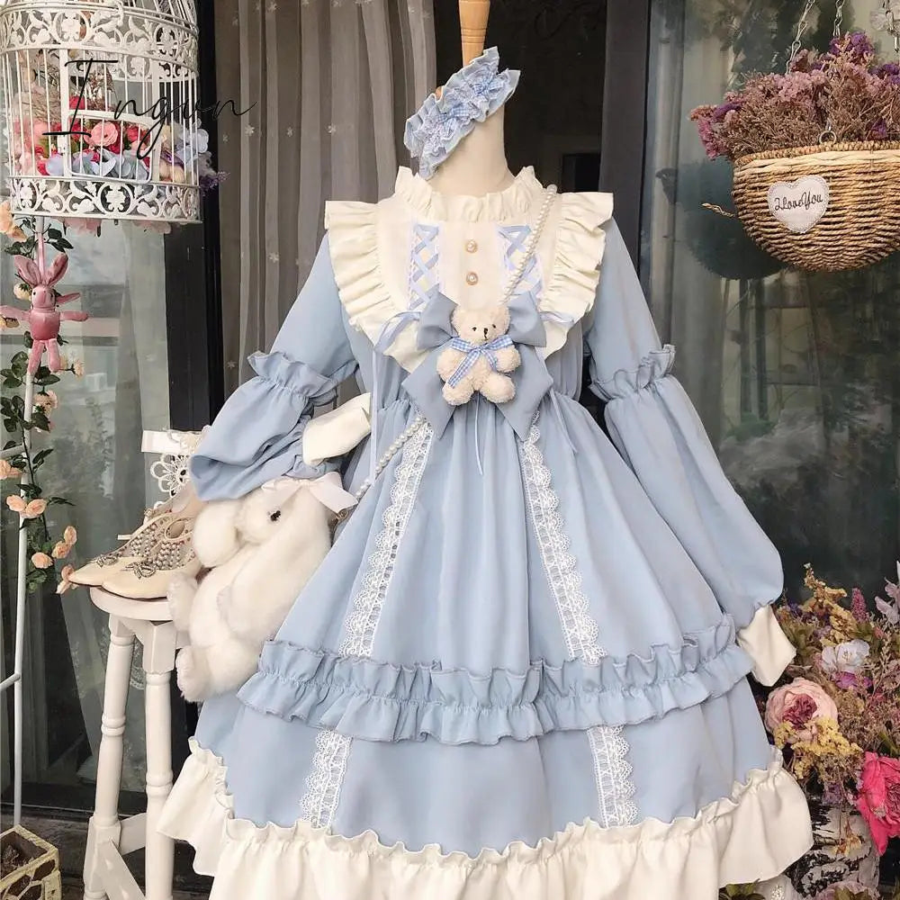 Ingvn - Japanese Gothic Lolita Dress Women Kawaii Bow Bear Lace Blue Dress Long Sleeve Princess Dress Halloween Costume Gift For Girls