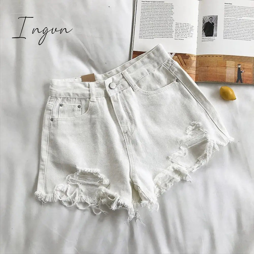 Ingvn - Casual High Waist Denim Shorts Women Summer  Pocket Tassel Hole Ripped jeans Short Female Femme Short Pants Women
