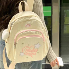 INGVN  Sweet Cute Backpack for Women Heart Star Letter White Corduroy Handbag New College Style Fresh Casual Fashion Shoulder Bag