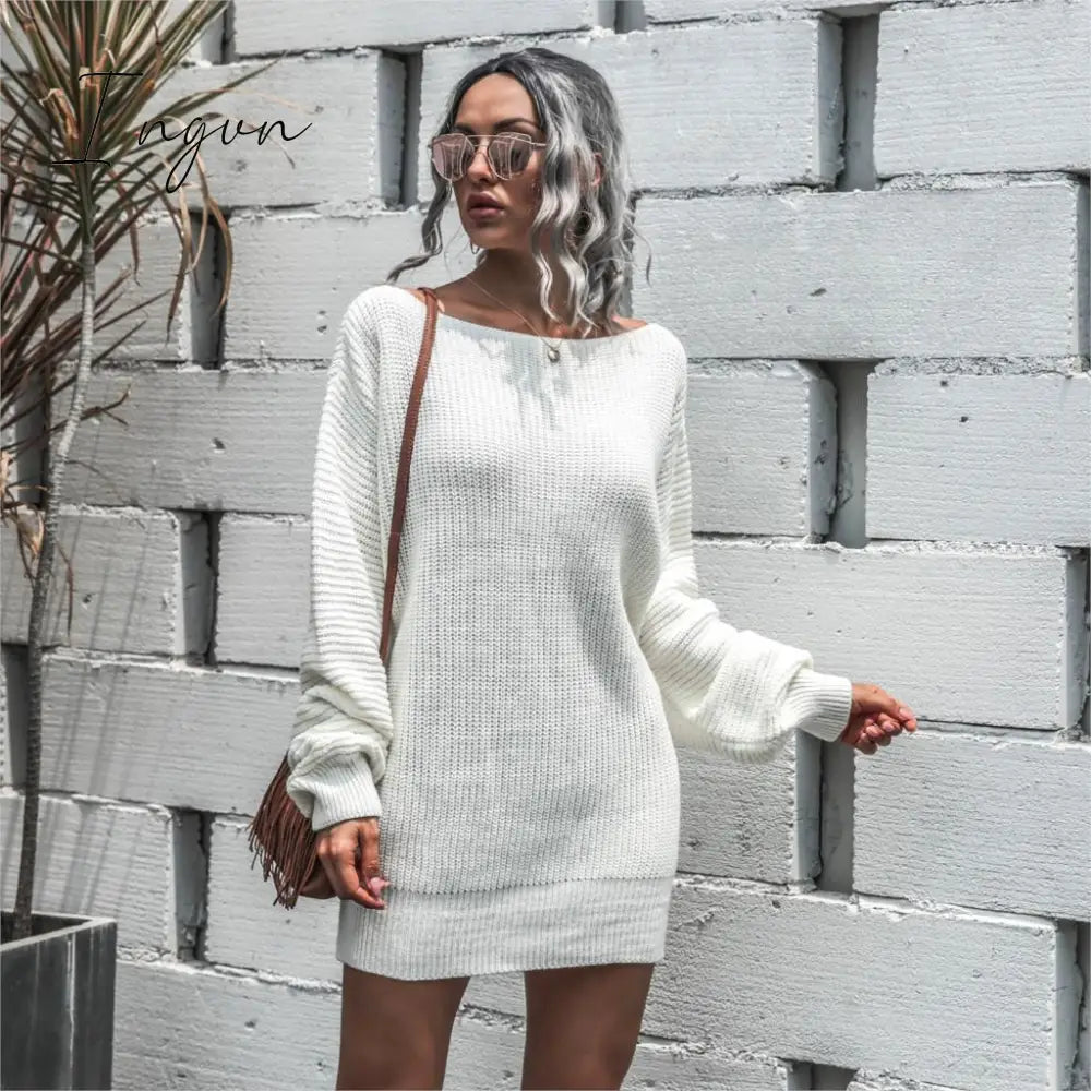 Ingvn - The hottest ladies casual off-shoulder lantern sleeve knitted sweater dress