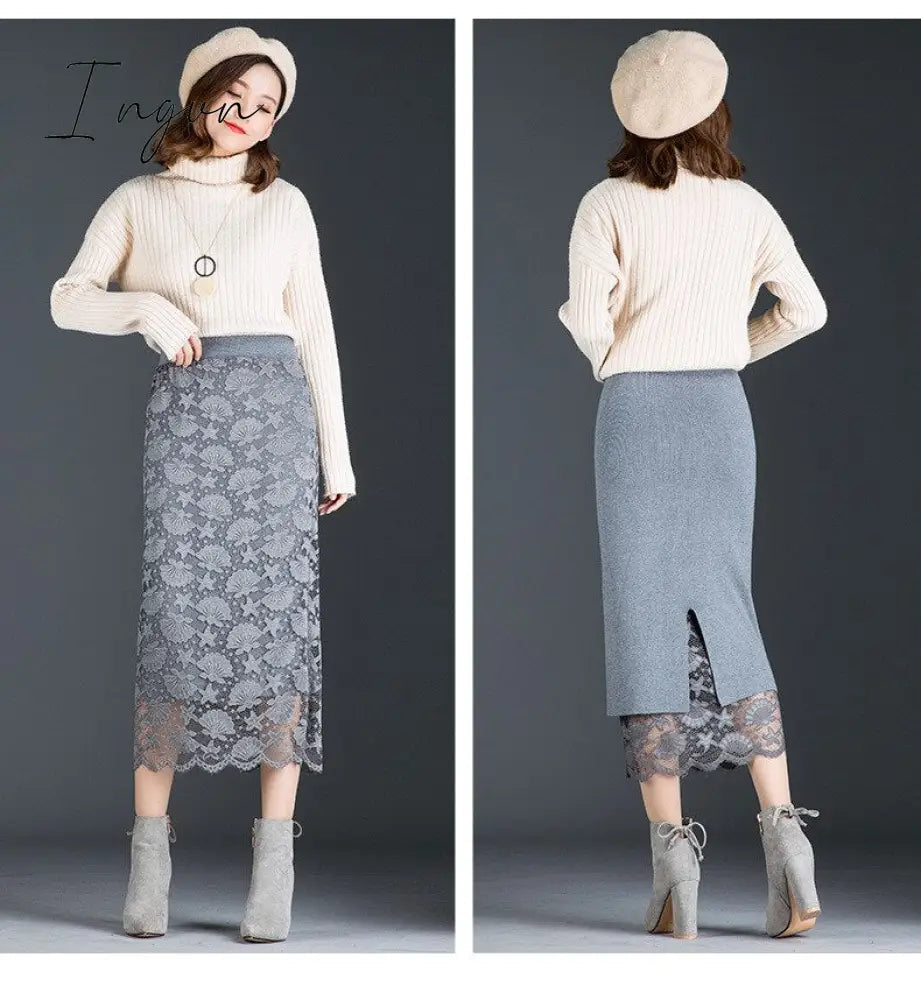 Ingvn - Autumn and winter skirt long section jupe femme two sides wearing lace midi skirt split bag hip skirt wool winter skirt