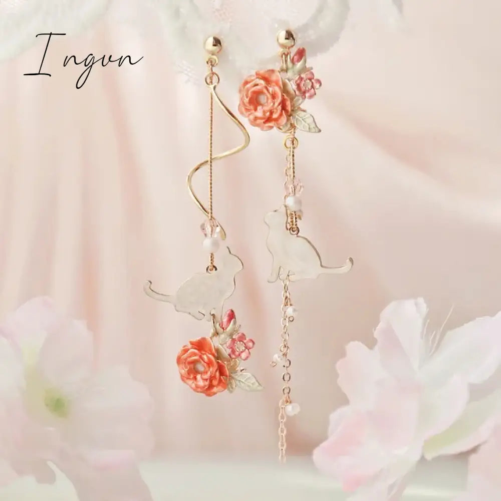 New Korean Flower Asymmetrical Dangle Earrings for Women Long Tassel Butterfly Imitation Pearl Cat Drop Earring Party Jewelry