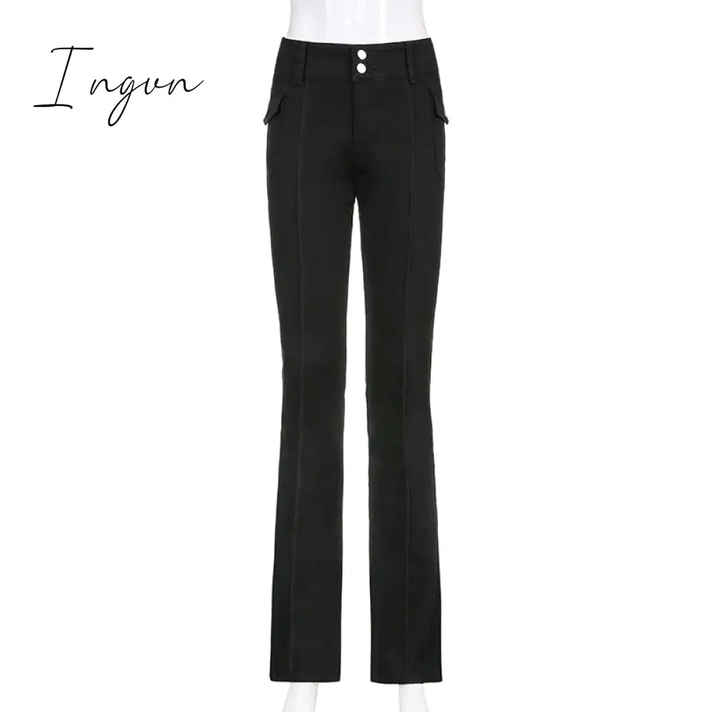 Ingvn - Indie Aesthetics Slim Low Waist Flare Pants E-girl Vintage Pockets Solid Y2K Pants Autumn 90s Fashion Black Trousers