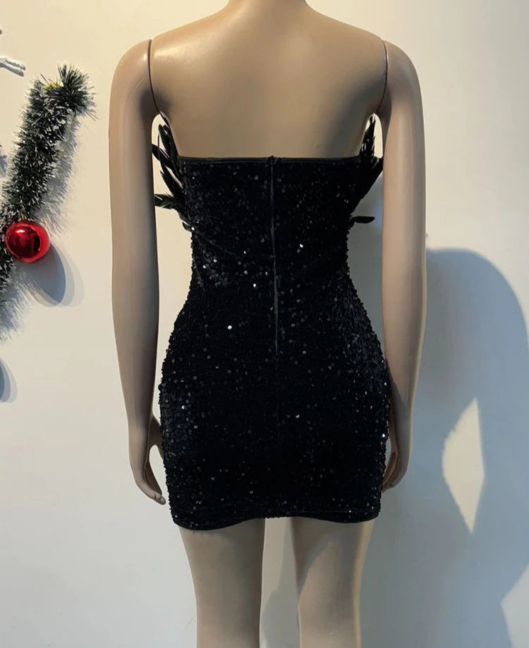 Luxury Birthday Women’s Feathers Sequin Strapless Deep V-neck Black Bodycon Mini Dresses Sexy Club Party Night Prom Robe
