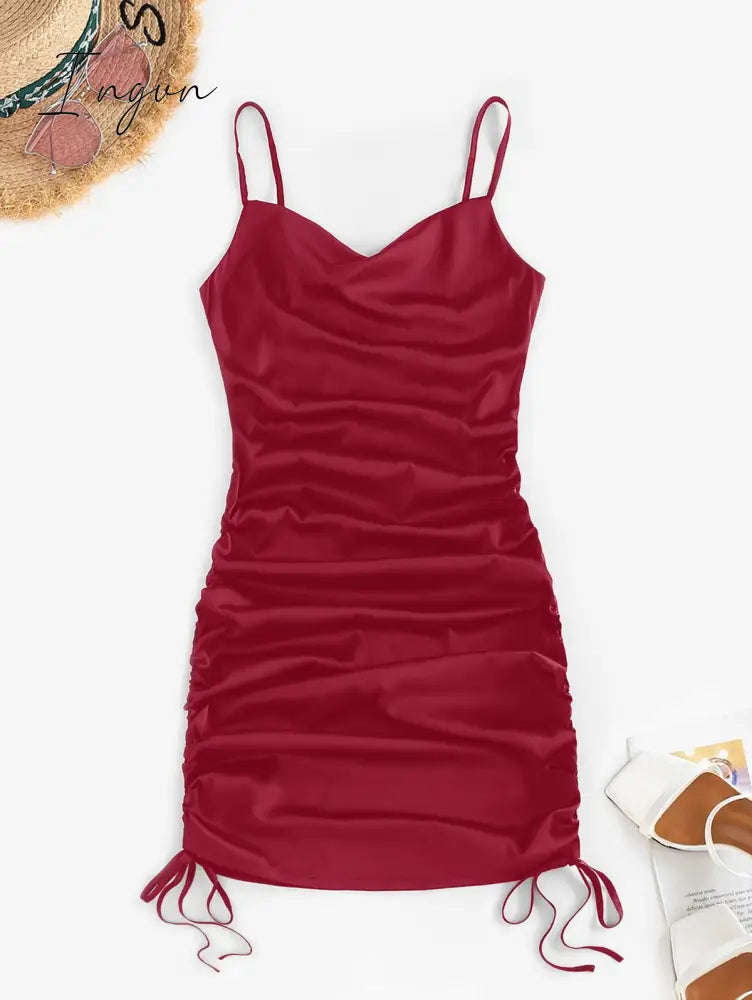 Ingvn - Women's Sexy Satin Dress Spaghetti Strap Slips Nightwear Side Slit Cocktail Party Silk Mini Dresses
