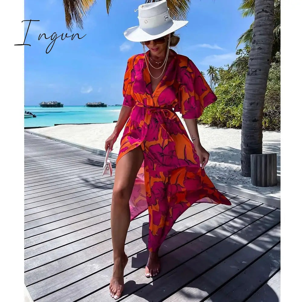 Ingvn - 2023 Swimsuit Cover Up Kaftan Tunic Dress Print Chiffon Pareo Kimono Summer Women Beachwear Beach Cover-up Cardigan Outfits