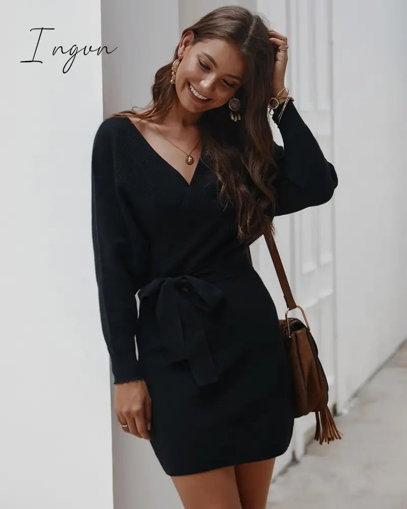 Ingvn - Sexy Bodycon Wrap Sweater Dress Women Autumn Long Sleeve Sashes Tied Mini Casual Cotton Knitted Elegant Winter Dress Cloth