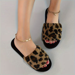 Cozy Leopard Print Plush Slippers for Women - Soft, Warm, Open-Toe, Slip-On Shoes with Fuzzy Fabric Upper and EVA Sole for Indoor Use - All-Season Comfortable Footwear for Relaxation
