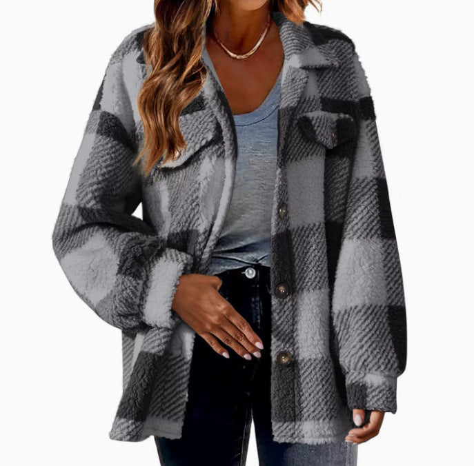 Autumn and Winter Open Button Lapel Plush Plaid Coat Plaid Pattern Button Front Jacket Warm