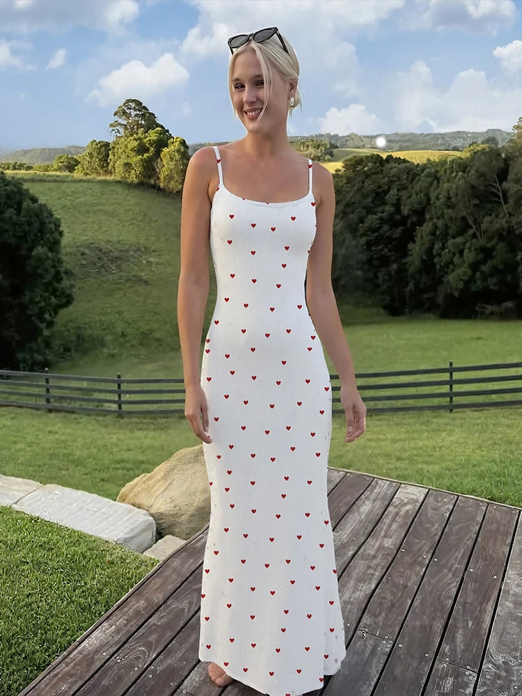 Elegant Heart Print Ribbed Maxi Dress Women Summer Y2K Trend Square Collar Backless Robe Daily Casual Fashion Outfits