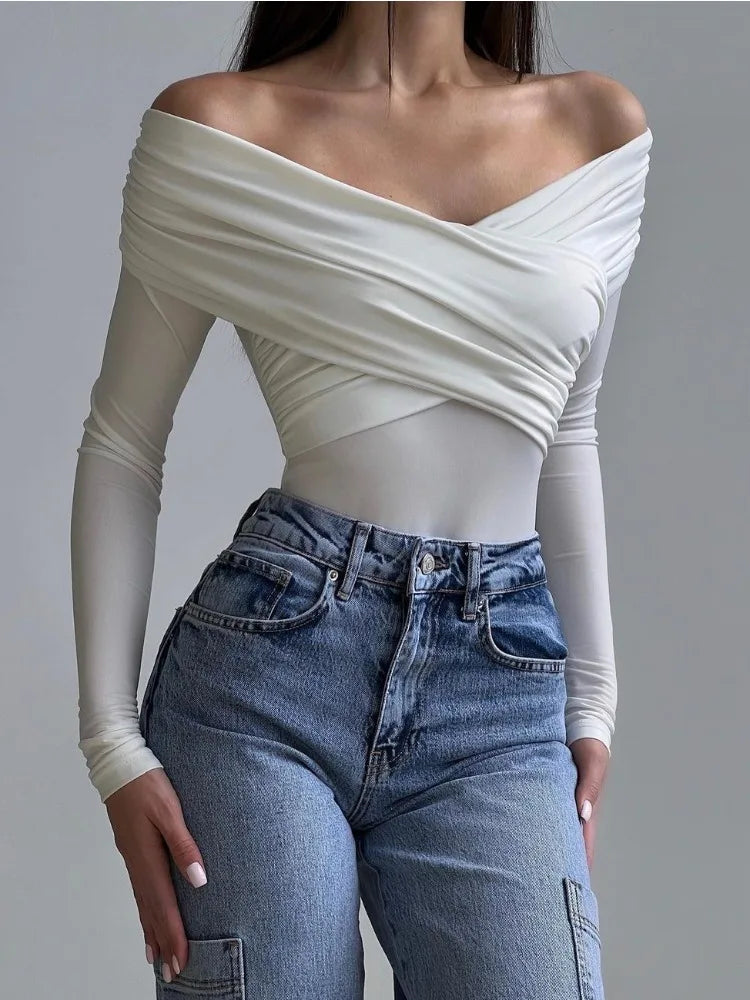 White See-Through Patchwork Jumpsuit For Women Pleated Slim Sexy High Waist Long Sleeve Off-Shoulder Rompers Streetwear
