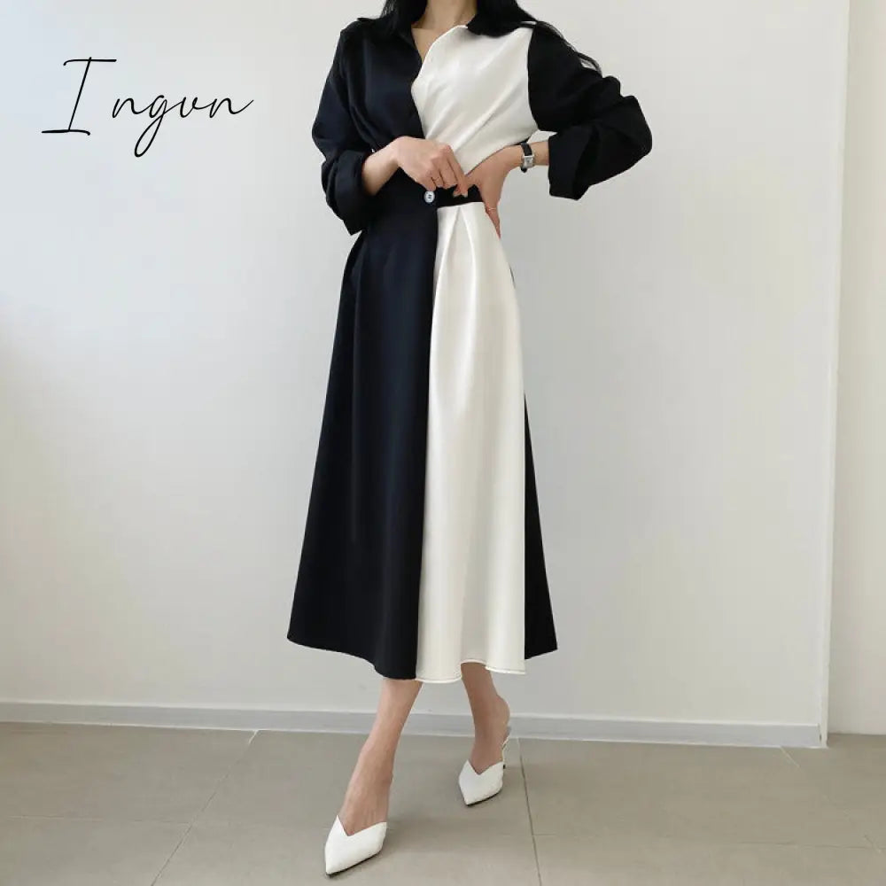 Ingvn - Spring Autumn Retro Temperament Contrast Color Lapel Long-Sleeved Shirt Female Midi Dress Korean Elegant Fashion Slim Chic Dress