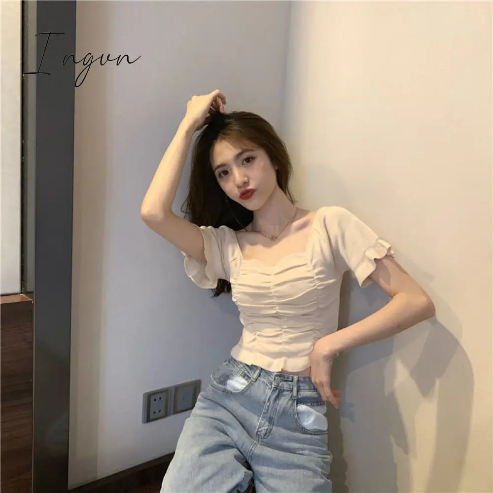 Ingvn - Knitted Fashion Blouse Woman Ruffle Youth Elegant Blouse Summer Crop top Sexy Slim fit Shirt Short sleeve