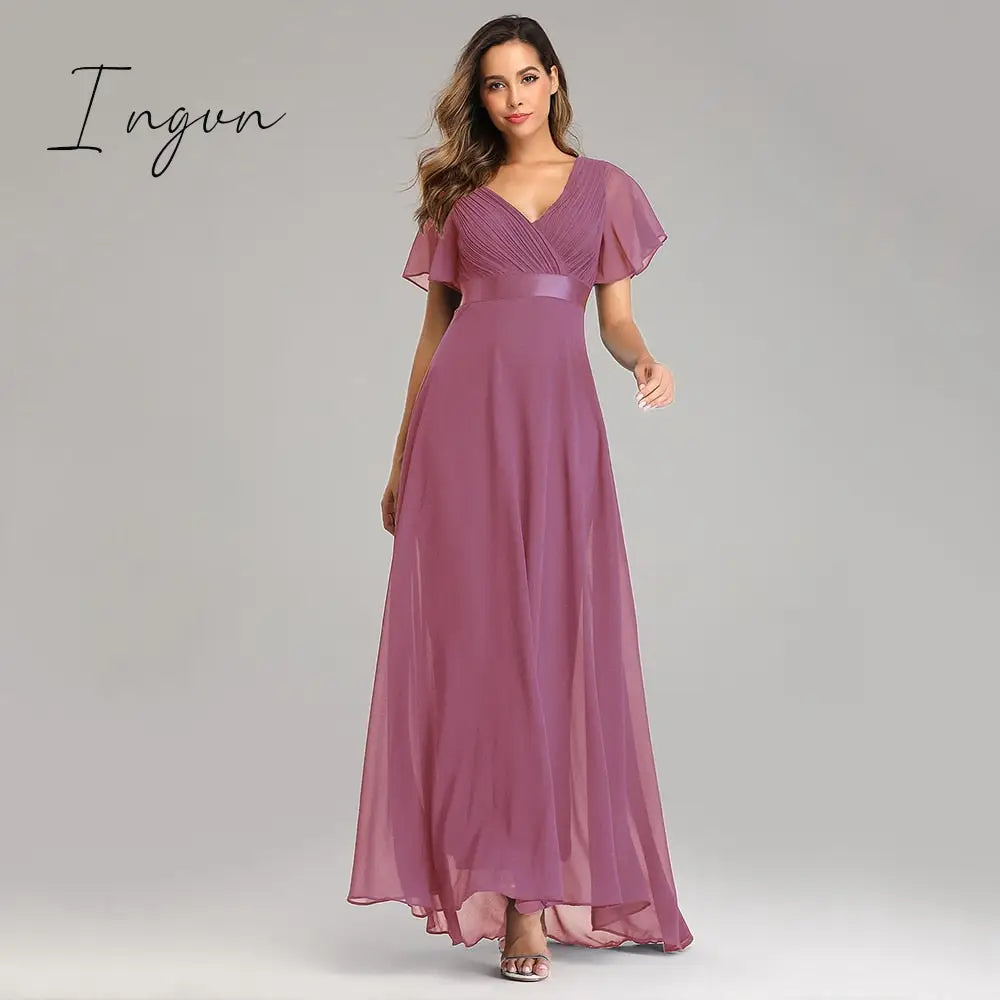 Ingvn - Evening Dresses Elegant V-Neck Ruffles Chiffon Formal Evening Gown  Robe Vestidos De fiesta Dress for Wedding Party