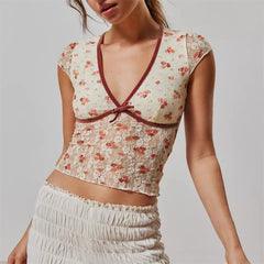 Sheer Crop Top 2000s Women Sexy See Through V Neck Sleeveless Floral Lace Tanks Slim Fit Vest y2k Aesthetic Clothing