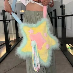 INGVN  Y2k Shoulder Bag for Women Star Shape Applique Tassel Soft Plush Shoulder Bag Sweet Cool Gothic Fashion Designers Handbag