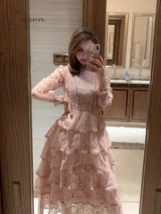 Ingvn - Pink Lace Embroidery Maxi Dress Female spring Winter Full sleeve high waist Ruffle elegant Long party dresses Woman
