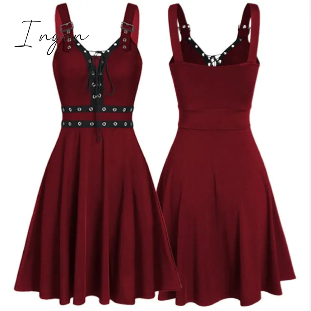 Ingvn - Women Mini Dresses Gothic Black Sexy Deep V Neck 2023 Fall Punk Sleeveless Rivet Fashion Tunic Hip Hop Bandage Female Dress