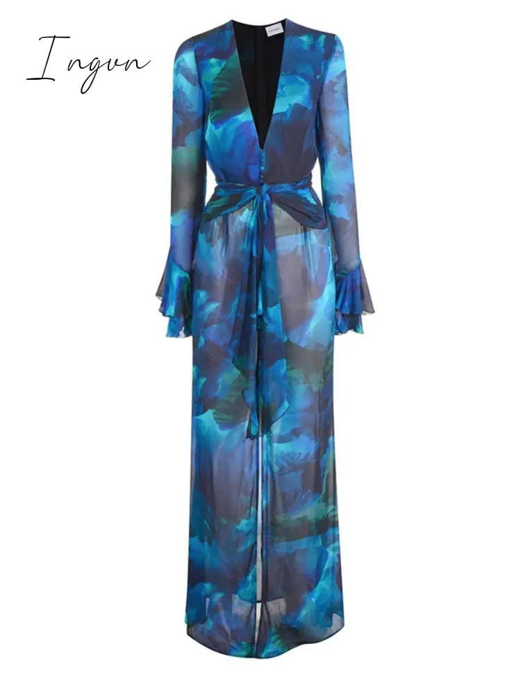 Ingvn - Chiffon Print Maxi Dress Women V Neck Flare Sleeve With Belt High Split Dresses Female Loose Sexy Beach Holiday Dress