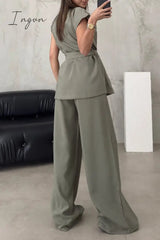 Ingvn - Casual British Style Solid Frenulum Turn-back Collar Sleeveless Two Pieces