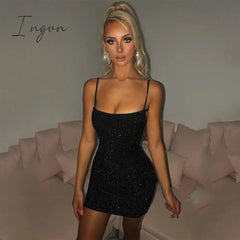 Ingvn - Bling Glitter Sequin Women Strap Mini Dress Ruched Lace Up Backless Bodycon Sexy Party Club Autumn Winter Elegant