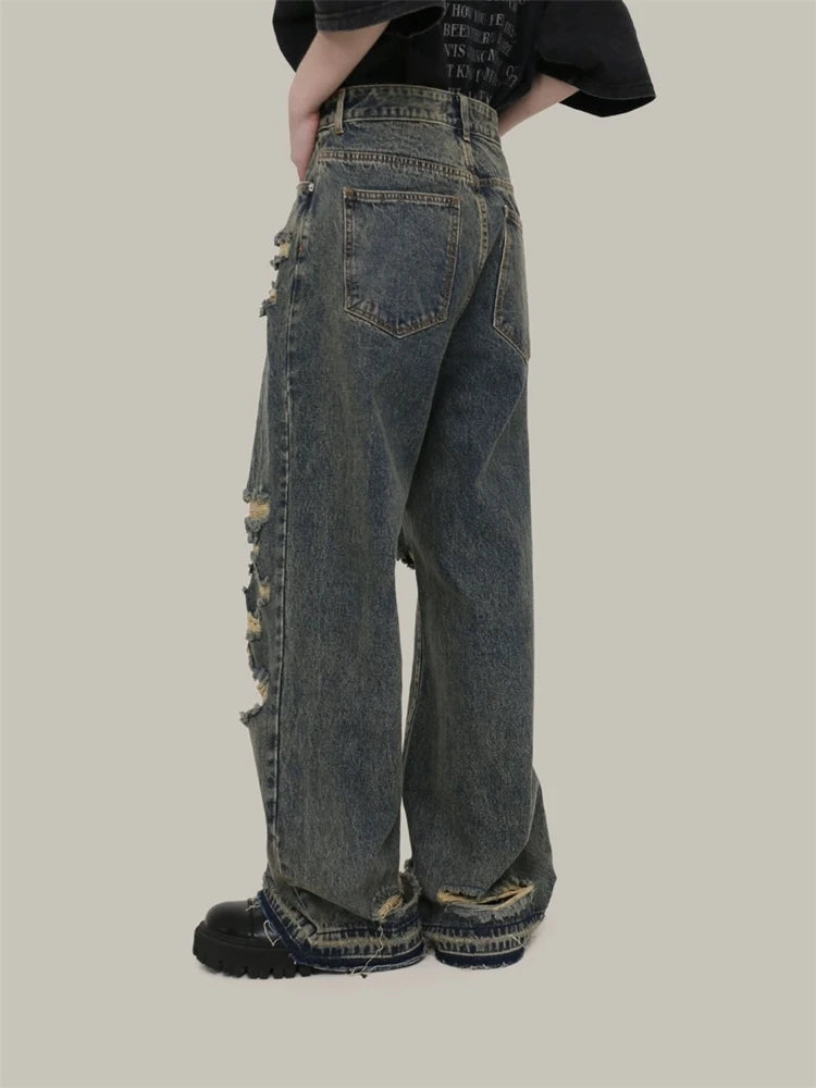 Ingvn  Women's Vintage Distressed Neutral Jeans Cool Girl High Waist Wide Legs Thin Pants Female Casual Straight Blue Denim Trousers