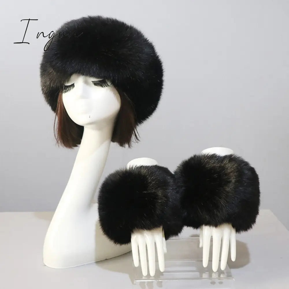 Ingvn - New Autumn Winter Caps Female Hats Cuffs Set Fashion Warmth Imitation Quality Design Faux Fur Hat Fox Fur Sleeves Suit Accessary
