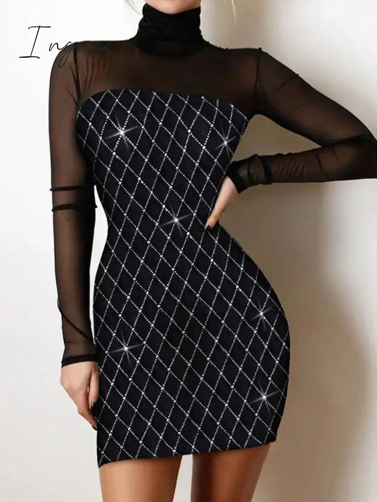 Ingvn - Y2K Sexy Floral Print Contrast Mesh Bodycon Dress Geometric Night Out Vestidos Mini Casual Daily Women Floral Dress
