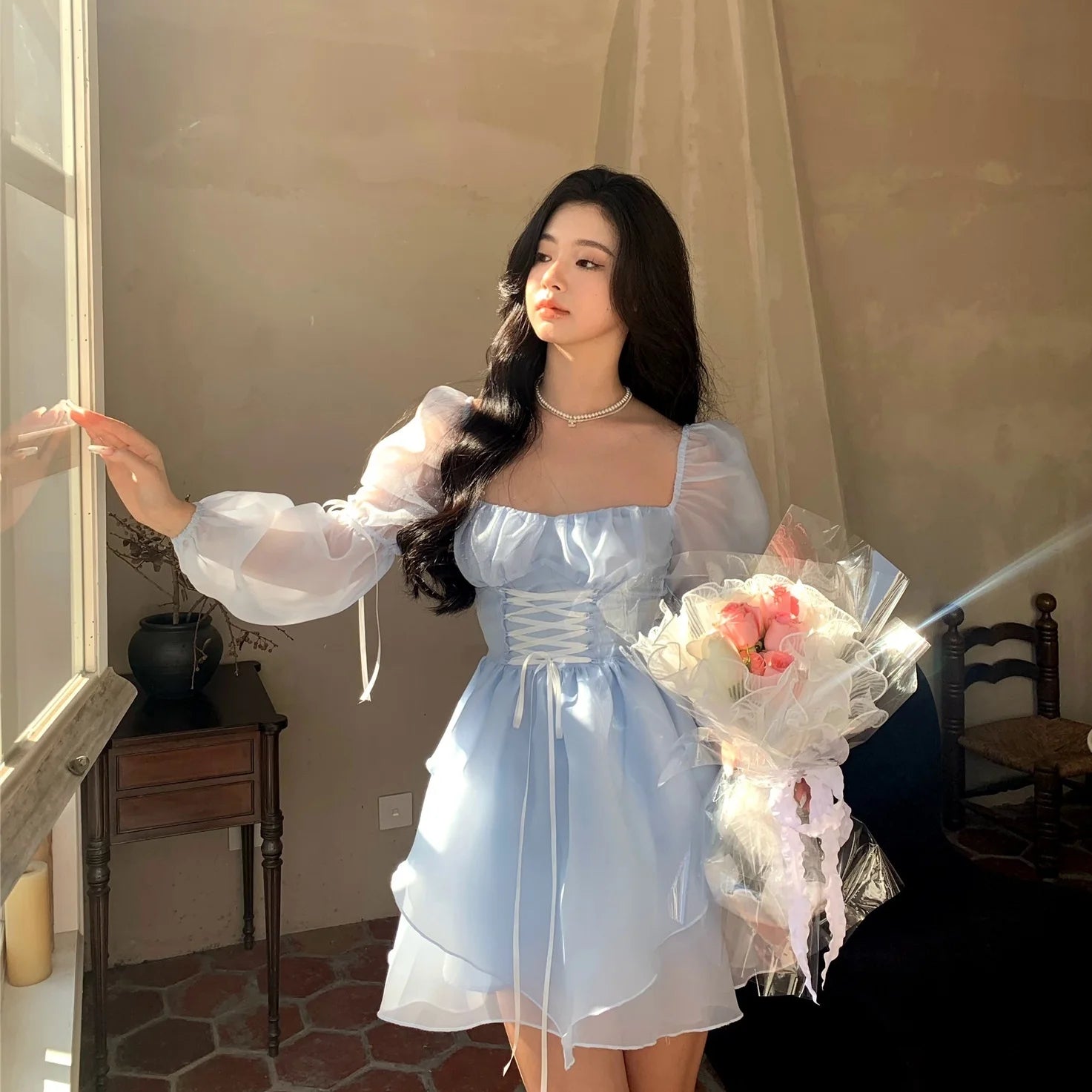 Light Blue Sweet Kawaii Mini Dress Korea Elegant Fashion Dress Womens Fairy Princess Sleeves  Chic Summer One Piece Dress