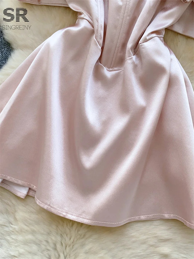 Birthday Party Satin Dress Women Sleeveless Off Shoulder Zipper Design Bodycon Senior Sexy Fashion Bow Mini Dresses