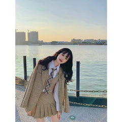 New Korean Temperament Short Suit Jacket + White Shirt + High Waist Pleated Skirt Three-piece Women's Clothing Campus Wear