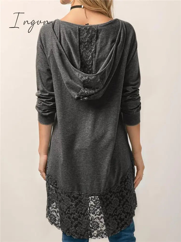 Ingvn - Women Pure Color Lace Patchwork Long Sleeve T-shirt With Hood