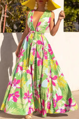 Ingvn - Casual Print Patchwork Slit V Neck Long Dress Dresses