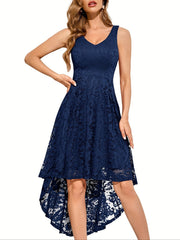 Solid Lace Asymmetrical Hem Dress, Elegant Sleeveless Aline Tank Dress For Wedding Party, Women's Clothing