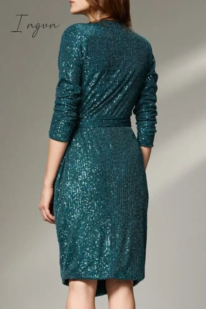 Ingvn - Sexy Solid Bandage Sequins V Neck Wrapped Skirt Dresses