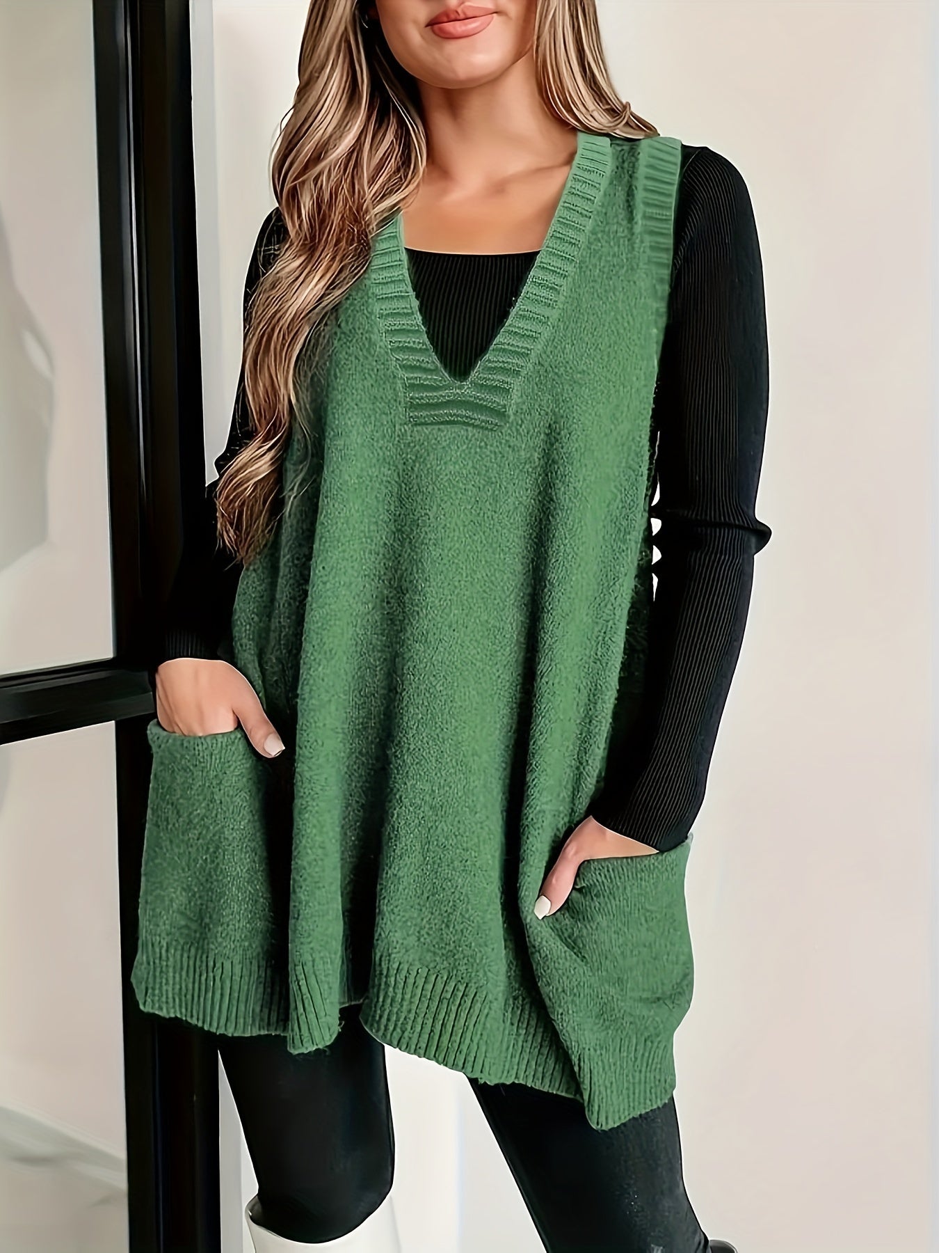 2024 Spring/Fall New Arrival V-Neck Knitted Vest with Pockets, Casual Large Size Pullover Cardigan, Solid Color, Polyester, No Bra Pad, for Casual Outings
