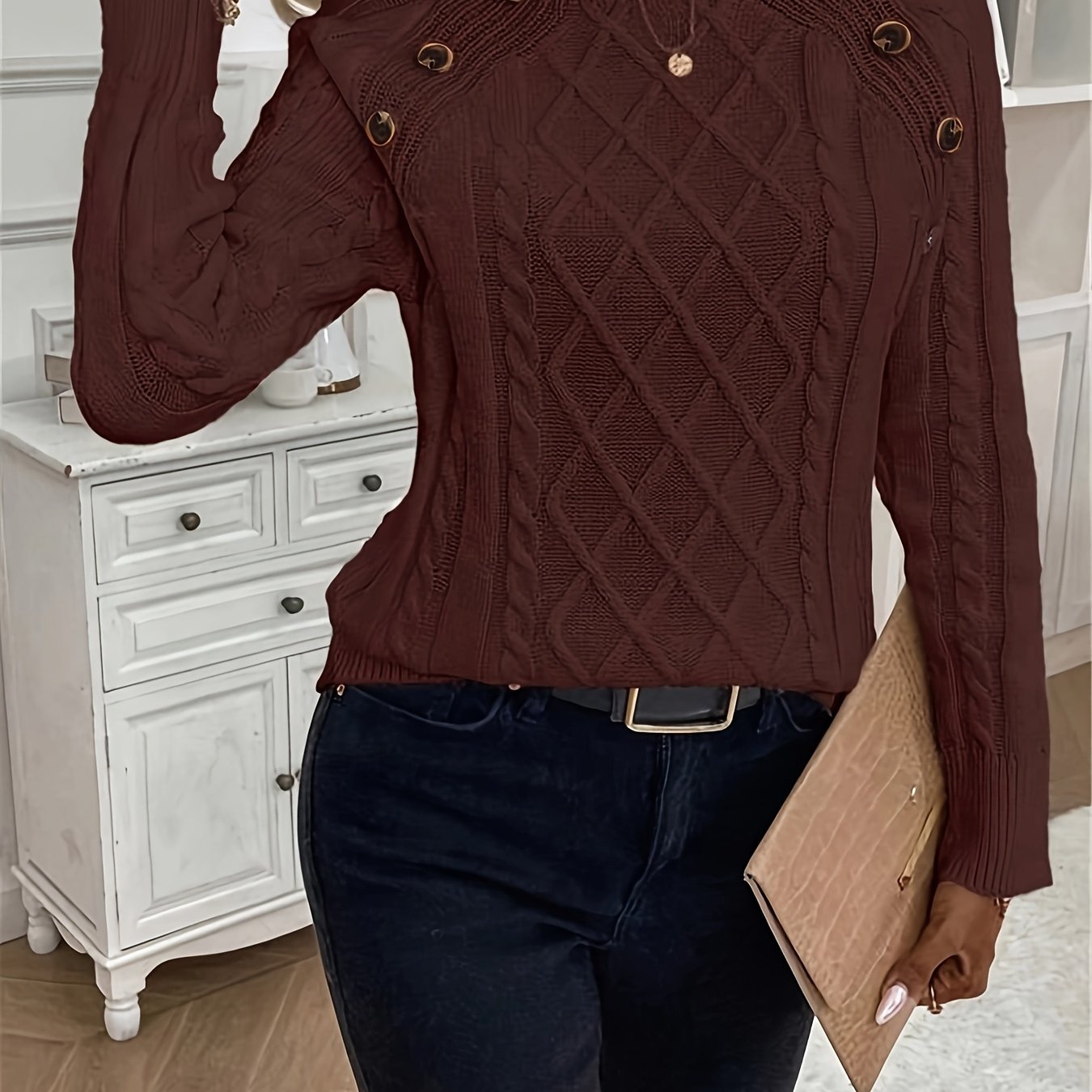 Solid Cable Knit Sweater, Casual Crew Neck Long Sleeve Sweater, Women's Clothing