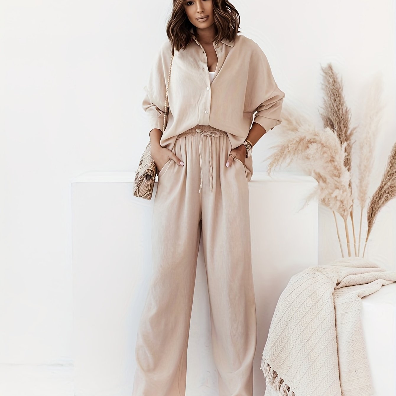 Plus Size Casual Outfits Two Piece Set, Women's Plus Solid Button Up Long Sleeve Turn Down Collar Blouse & Elastic Drawstring Wide Leg Pants Outfits 2 Piece Set