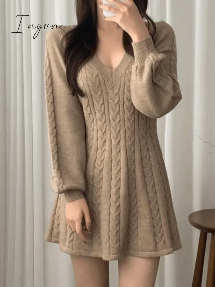 Ingvn - V Neck Cable Knit Long Sleeve Mini Dress