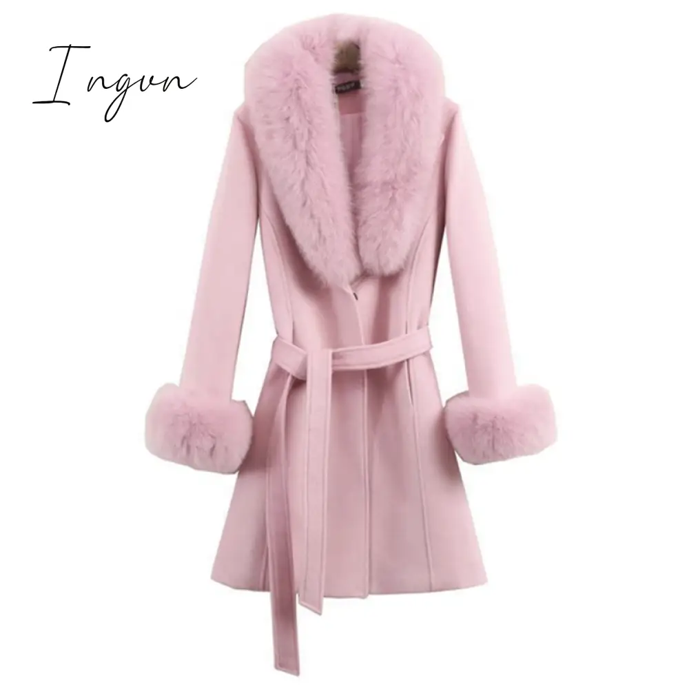 Ingvn - Fur Woolen Coat =New Women  Knee Mid-length Korean Fashion Big Fur Collar Beautiful Cloak Red Pink White Camel S To 3XL
