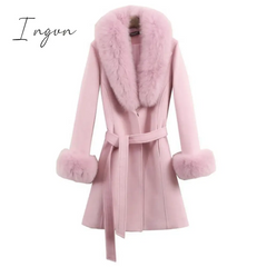Ingvn - Fur Woolen Coat =New Women  Knee Mid-length Korean Fashion Big Fur Collar Beautiful Cloak Red Pink White Camel S To 3XL