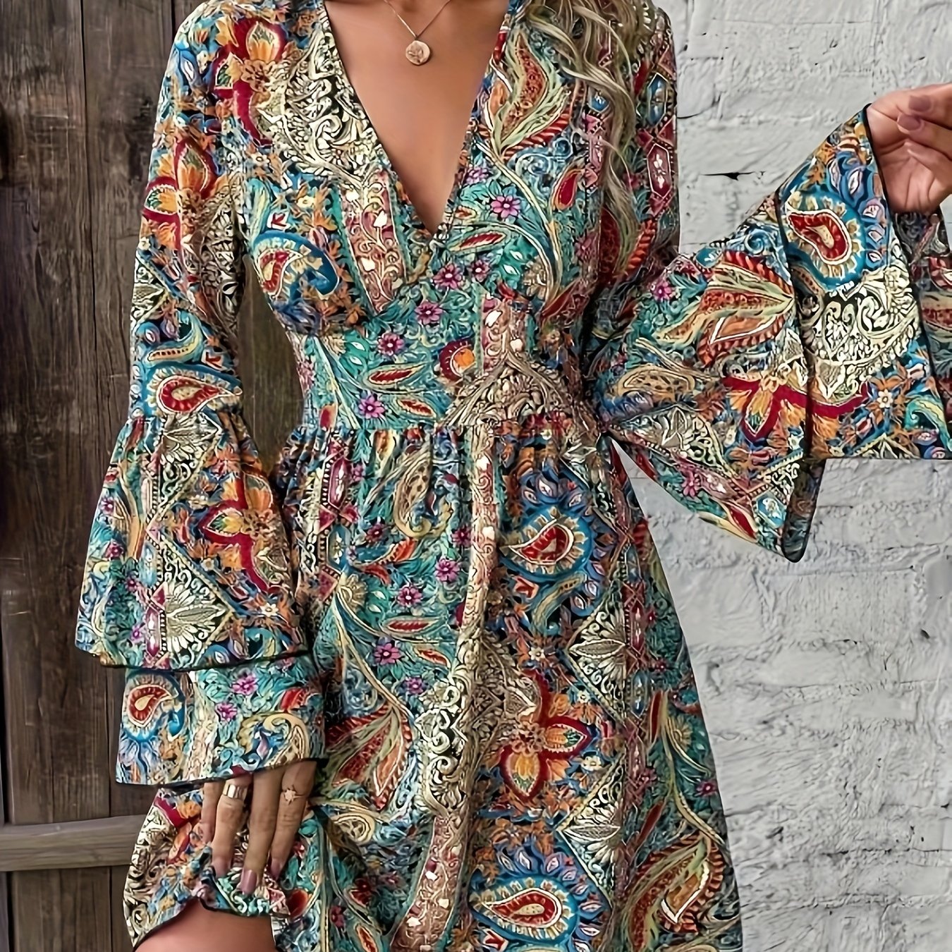 Stunning Paisley Print V-Neck A-Line Dress - Elegant Layered Sleeve, Flowy, Comfortable, Vacation-Ready - Women's Clothing for Elegant Occasions
