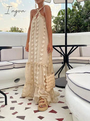 Ingvn - Sleeveless Halter Maxi Summer Dress For Women Fashion Ruffle Beach Long Robe Elegant Slip Holiday Hollow Out Sundress