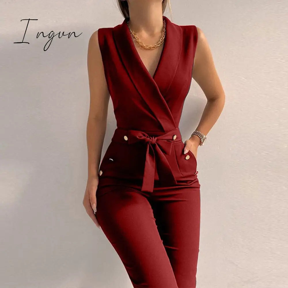 Ingvn - New Solid Casual Women Summer Jumpsuits V-Neck Lace-Up Sleeveless Wide Leg Pants Button Ladies Bodysuits Streetwear