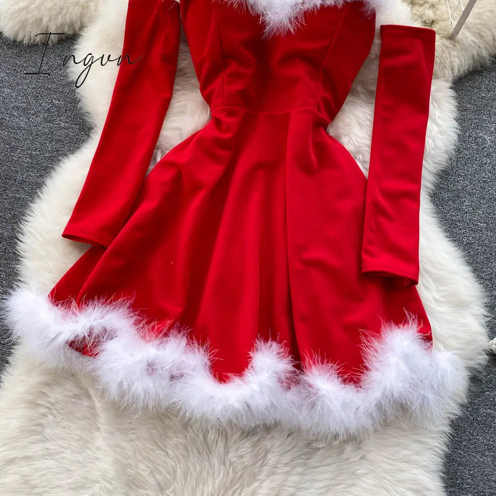 Ingvn - Gifts For Women Elegant Dress For New Year Strapless Backless Furry Sexy Short Mini Christmas Dress Navidad Red Party Dress Femme